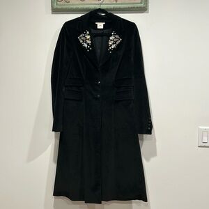 LaRok velvet black trench coat embellished jewel stud collar large women vintage
